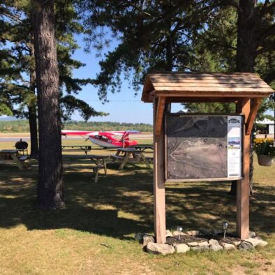Information kiosk and picnic tables at Fryeburg Airport