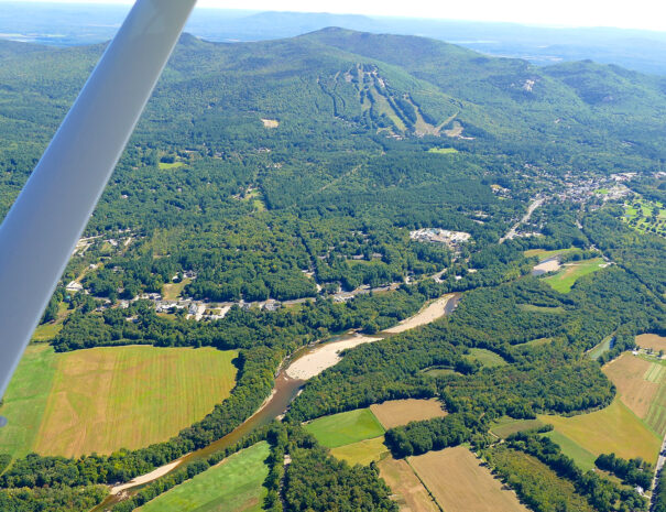 Summer scenic flight over North Conway New Hampshire, looking towards Mount Cranmore